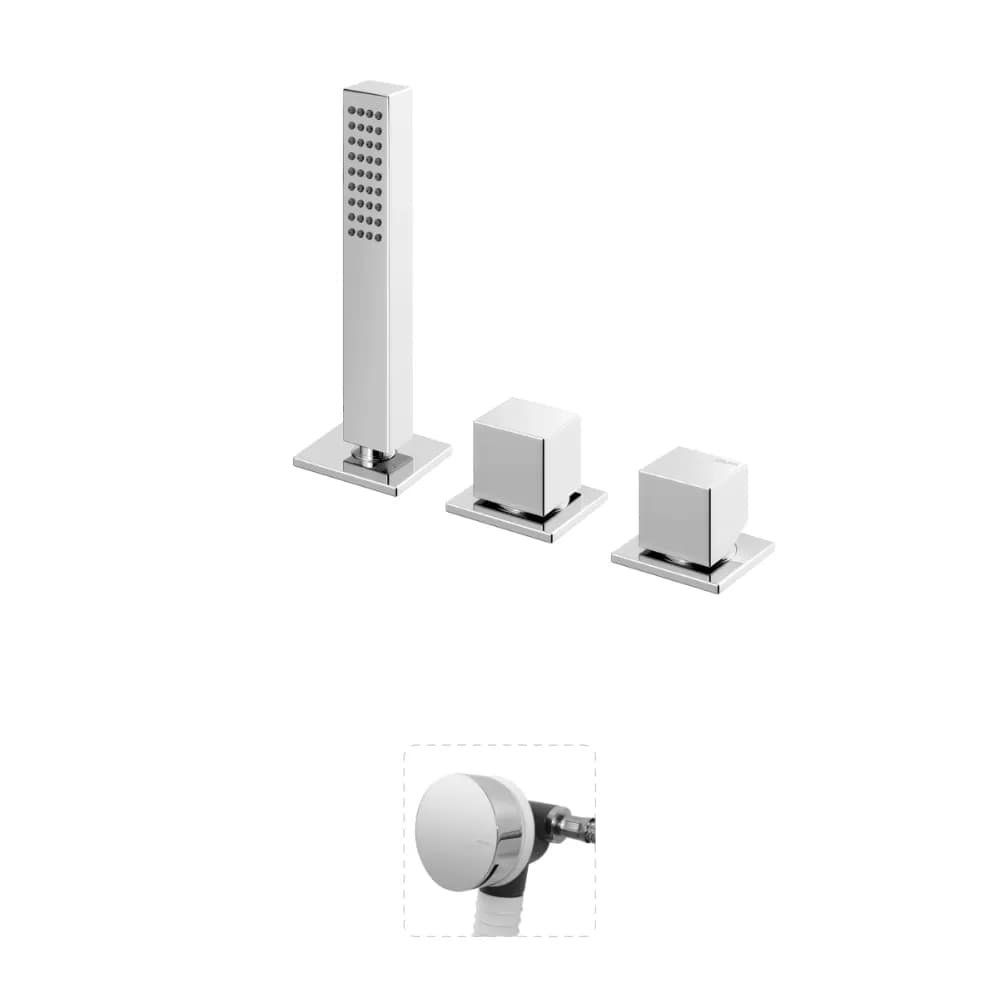 Deck-mounted bath-shower set with Quadra handshower and bath filler with waste and overflow