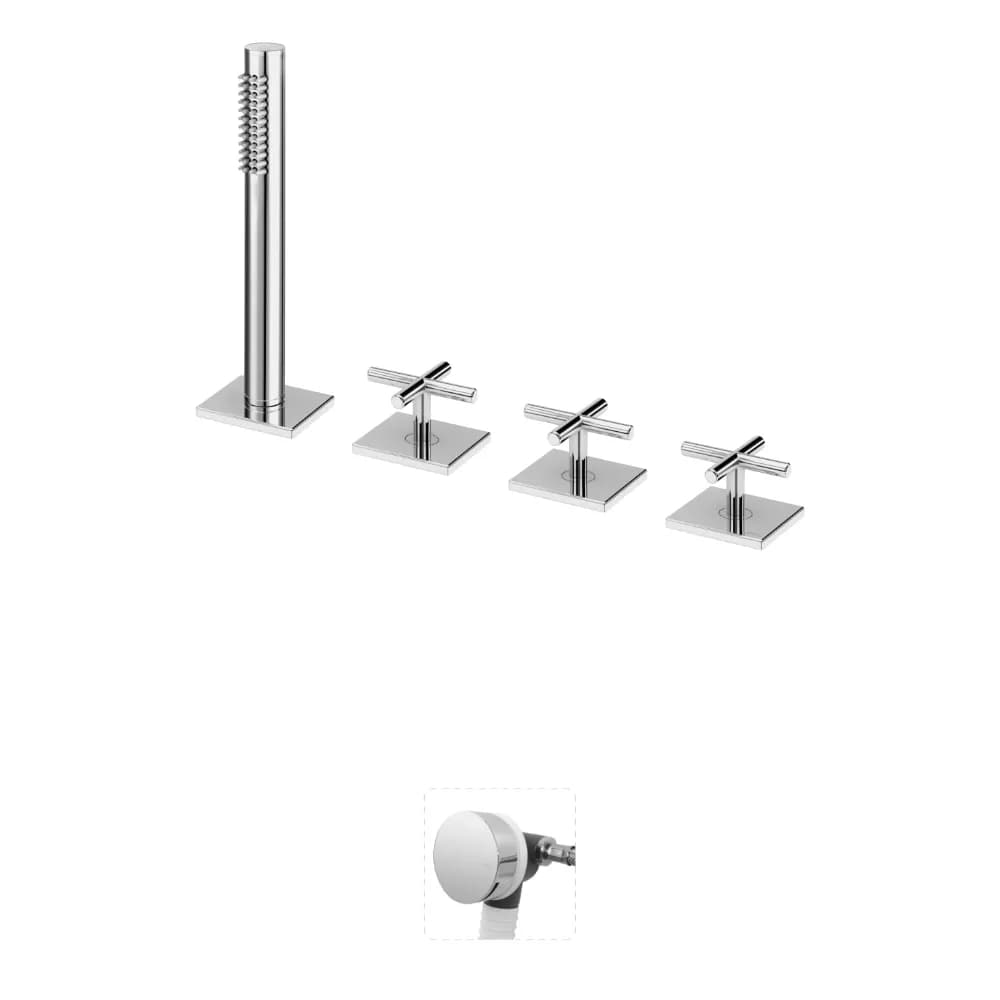 Deck-mounted bath-shower set with handshower and bath filler with waste and overflow