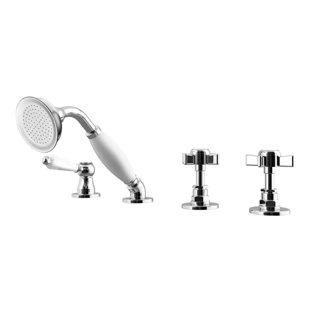 Deck mounted shower mixer, with handshower - 2 outlets