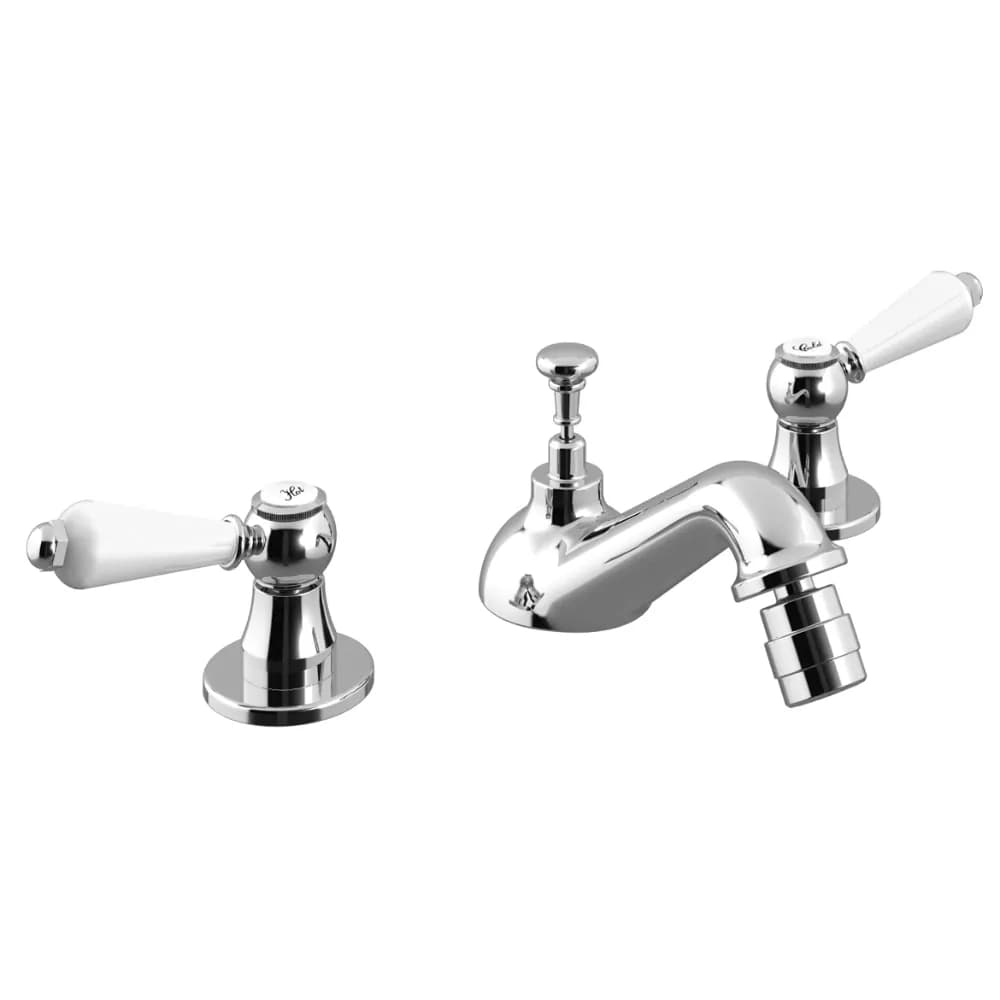 Deck-mounted, 3 hole bidet mixer, with pop-up waste set