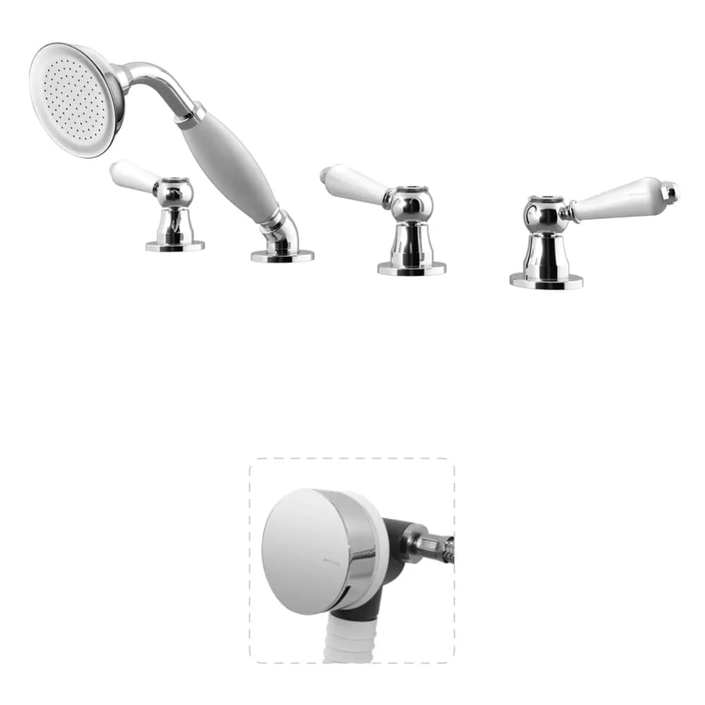 Deck-mounted bath-shower set with Elite handshower and bath filler with waste and overflow