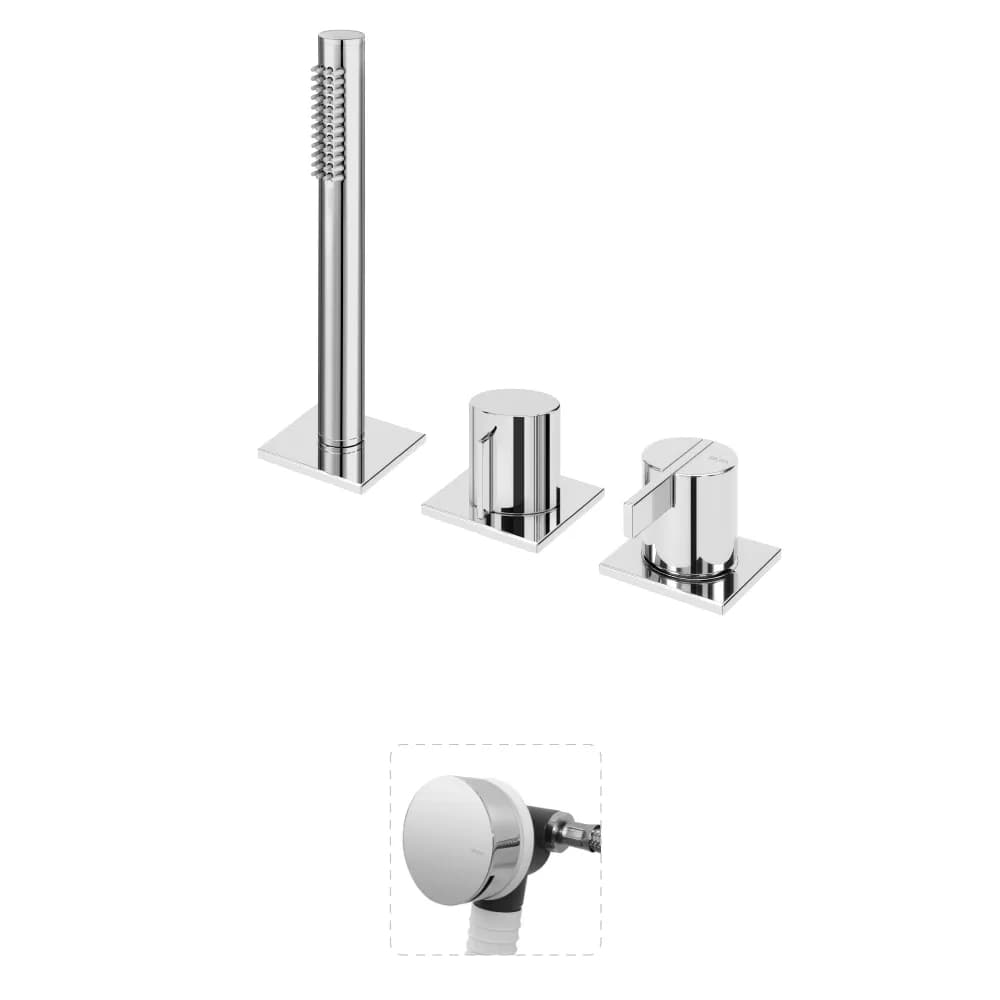 Deck-mounted bath-shower set with handshower and bath filler with waste and overflow