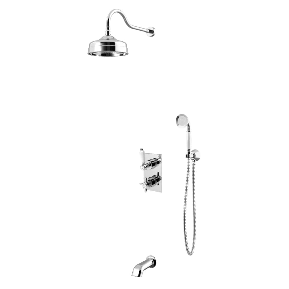 Sistema de baño y ducha termostático empotrado con alcachofa de ducha Ø200 mm en latón, set de ducha de mano y caño mural