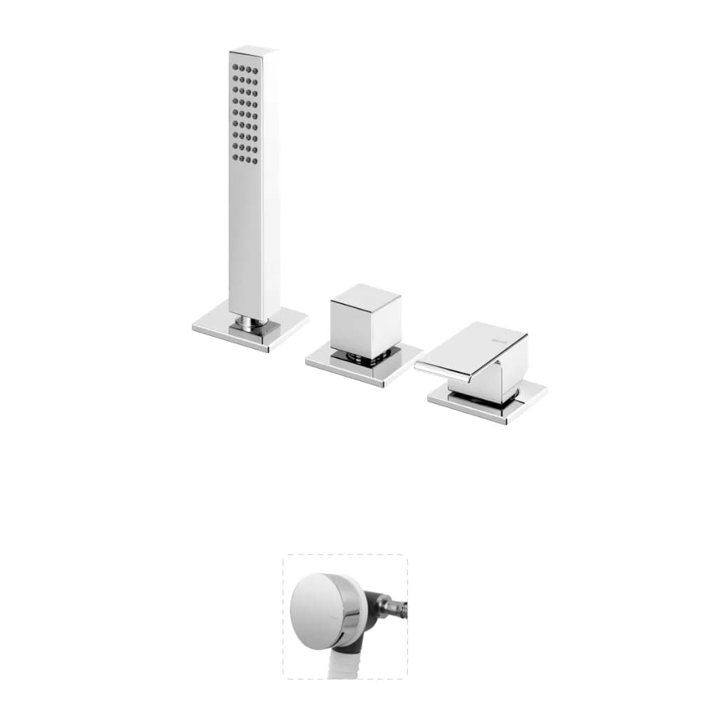 Deck-mounted bath-shower set with Quadra handshower and bath filler with waste and overflow