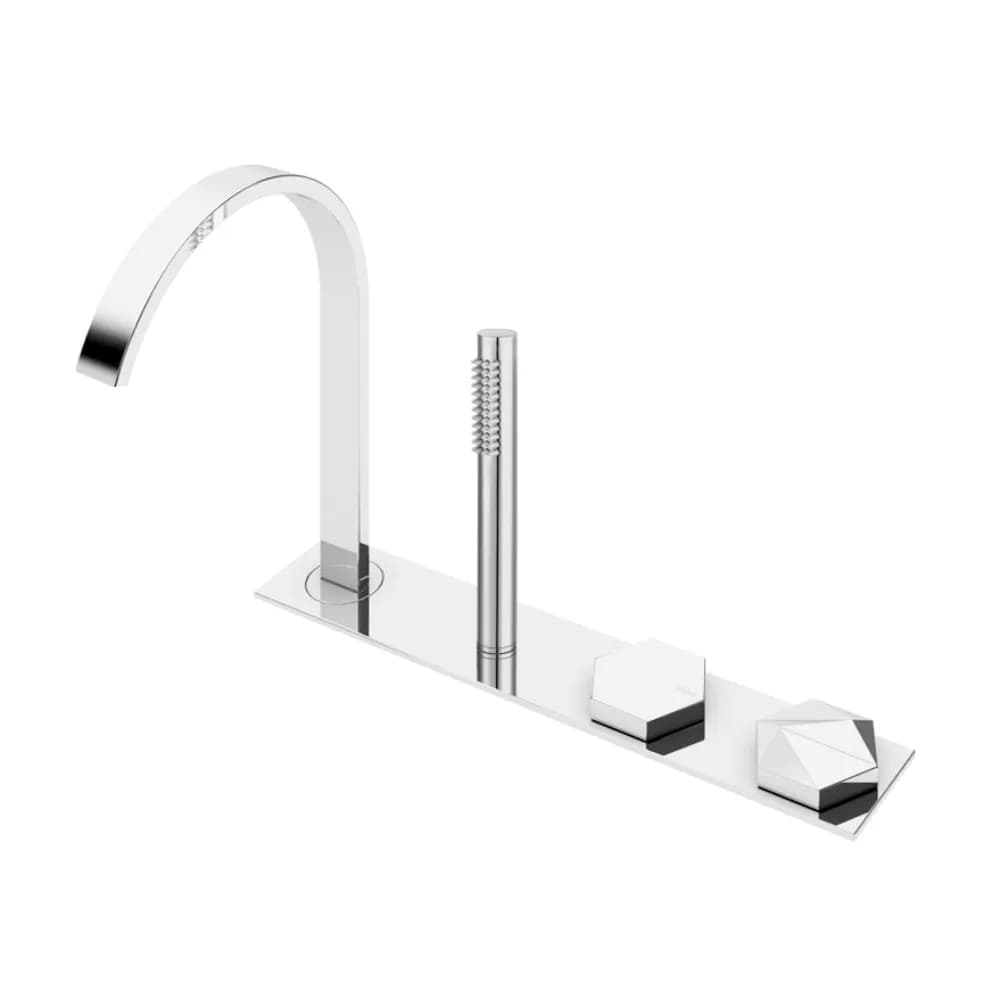 Progressive deck-mounted bath/shower mixer with integrated outlet for splash water, grey Lux shower hose with colored fittings