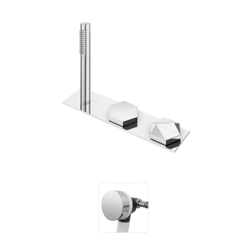 Deck-mounted bath-shower set with handshower, bath filler and waste for overflow with integrated outlet for splash water, grey Lux shower hose with colored fittings