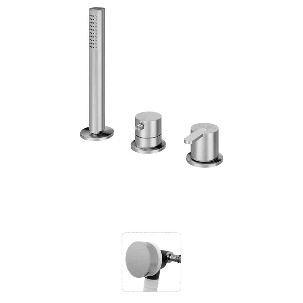 Deck-mounted bath-shower set with handshower and bath filler with waste and overflow