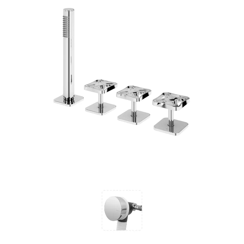 Deck-mounted bath-shower set with handshower and bath filler with waste and overflow
