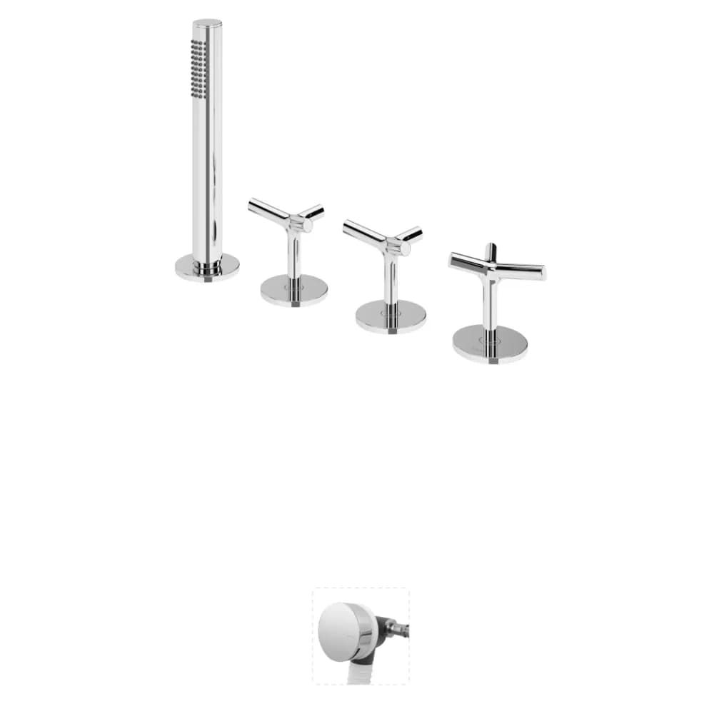 Deck-mounted bath-shower set with handshower and bath filler with waste and overflow