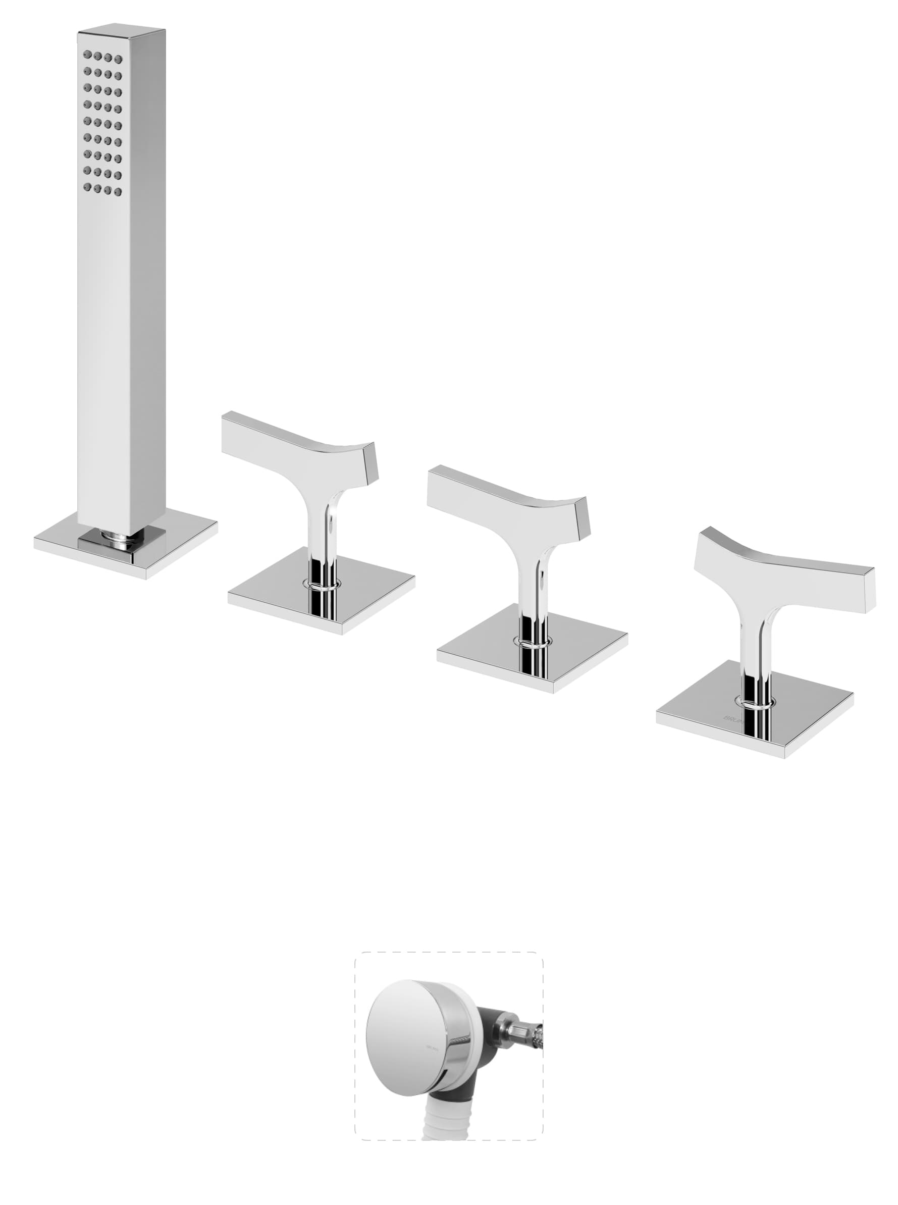 Deck-mounted bath-shower set with handshower and bath filler with waste and overflow