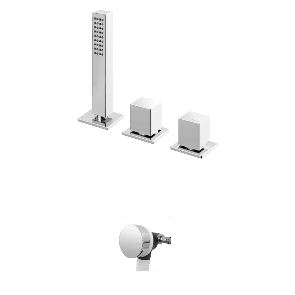 Deck-mounted bath-shower set with Quadra handshower and bath filler with waste and overflow